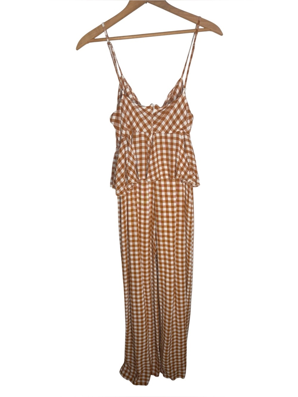 Saylor Gingham Jumpsuit Brown Wide Leg Tie Front Strappy Size L NWT - Picture 4 of 8